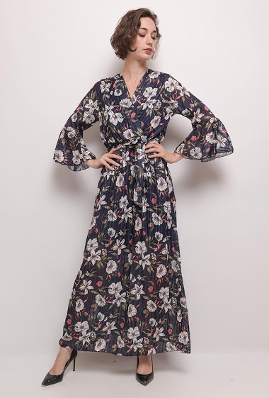 Wholesaler Jolifly - Long floral dress with Silver thread fabric