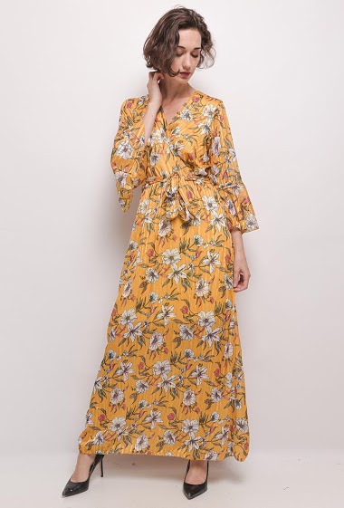 Wholesaler Jolifly - Long floral dress with Silver thread fabric