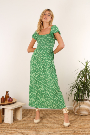 Großhändler Jolifly - Baumwollkleid mit Blumendruck und Knopf