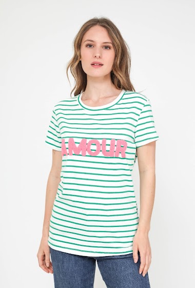 Wholesaler Jolio & Co - Striped t -shirt embroided "AMOUR"