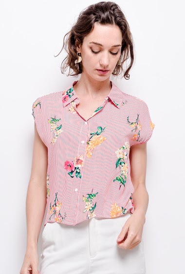 Grossiste Jöwell - Chemise à manches courtes rayée à fleurs