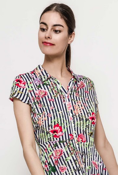 Grossiste Jöwell - Robe chemise à rayures et fleurs