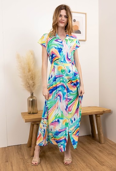 Wholesaler Jöwell - Maxi printed buttoned dress