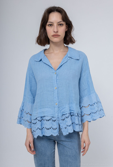 Wholesaler JOYNA - LINEN SHIRT WITH EMBROIDERY AT THE ENDS