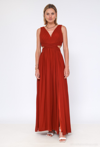 Wholesaler Juju Christine - Plunge Neck Pleated A-Line Gown