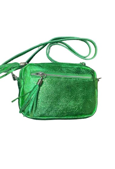 Iridescent shoulder bag, shiny with pompoms