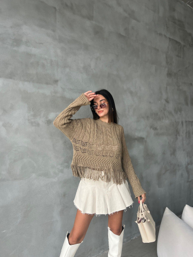 Wholesaler JUNE BOUTIQUE - Brown holey sweater with fringes