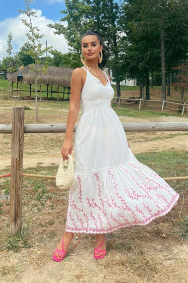 Wholesaler JUNE BOUTIQUE - Ecru and pink linen effect dress