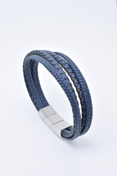Grossiste Kapyco - Bracelet homme cuir bleu quatre rangs en acier argenté