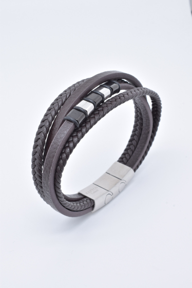 Großhändler Kapyco - Vierreihiges Herrenarmband aus schwarzem Leder mit abnehmbarer magnetischer Stahlschließe
