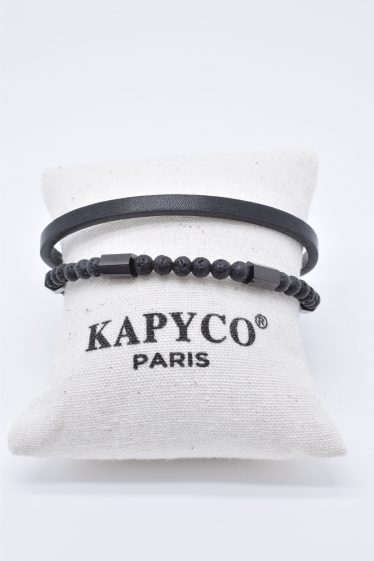 Grossiste Kapyco - Bracelet homme cuir noir et pierres naturelles avec fermoir amovible en acier