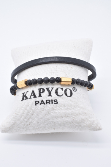 Wholesaler Kapyco - Men's black leather and natural stones bracelet with removable steel clasp