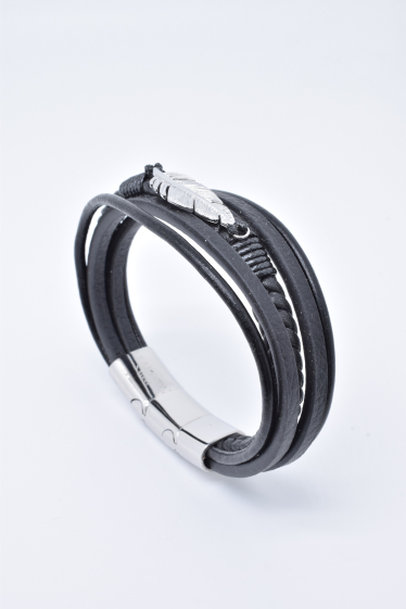Grossiste Kapyco - Bracelet homme cuir noir quatre rangs avec fermoir magnétique amovible en acier