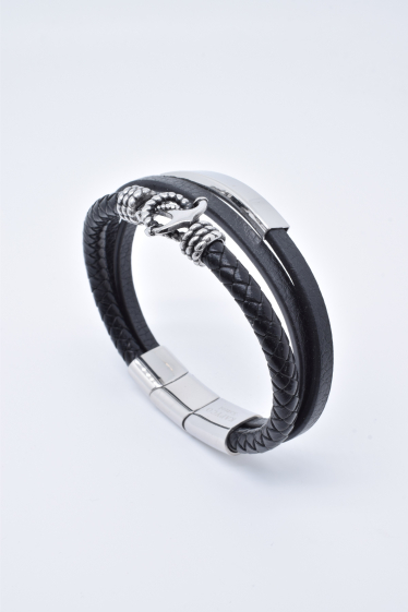 Grossiste Kapyco - Bracelet homme cuir noir trois rangs avec fermoir magnétique amovible en acier