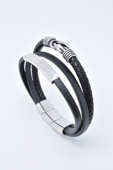 Wholesaler Kapyco - Men's three-row black leather bracelet with removable magnetic steel clasp