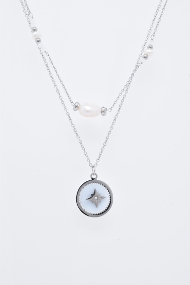 Wholesaler Kapyco - Two-row necklace in silver steel with pearl and mother-of-pearl