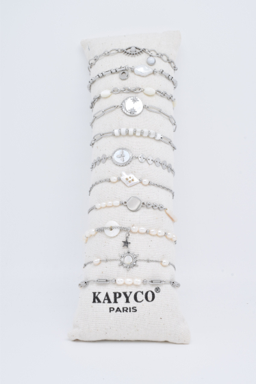 Großhändler Kapyco - Set aus 12 silbernen Stahlarmbändern mit Natursteinen