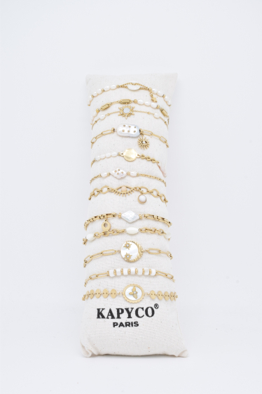 Grossiste Kapyco - Lot de 12 bracelets nacres et perles en acier doré