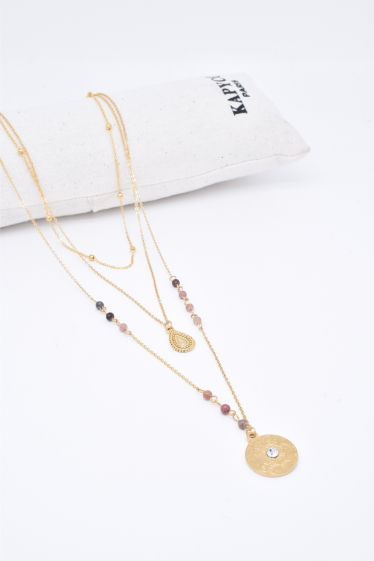 Wholesaler Kapyco - Three-row long necklace with rhodonite stone in stainless steel