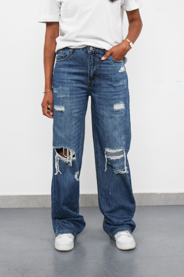 Wholesaler KATE DENIM - Straight denim pants, medium blue worn or torn