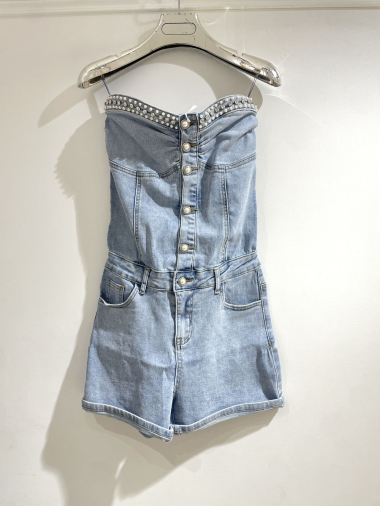 Grossiste Kathy Jeans - Combinaison bustier strass short jean