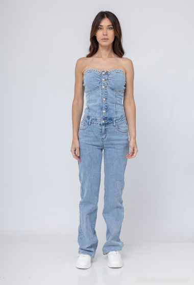 Grossiste Kathy Jeans - Combinaison bustier strass wide leg jean