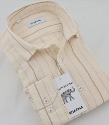 Grossiste KHARMA - Chemise homme 90% coton 10% polyester manche longue ecru à rayures beige