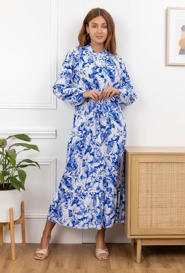 Großhändler L.Style - Hemdblusenkleid mit Blumenmuster und Gürtel