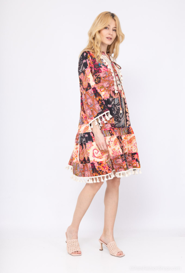 Wholesaler LAJOLY - Short bohemian style printed dress with 3/4 sleeves