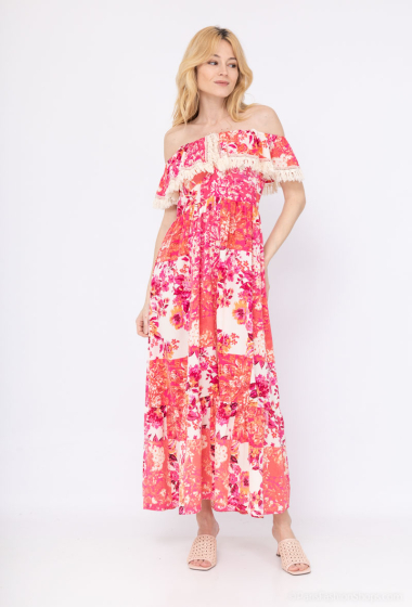 Wholesaler LAJOLY - Long off-the-shoulder printed dress with lace