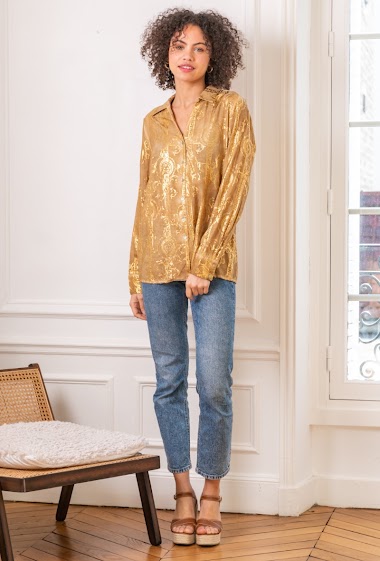 Großhändler Last Queen - Hemdbluse bedruckt mit Goldeffekt, klassischer Regular Fit