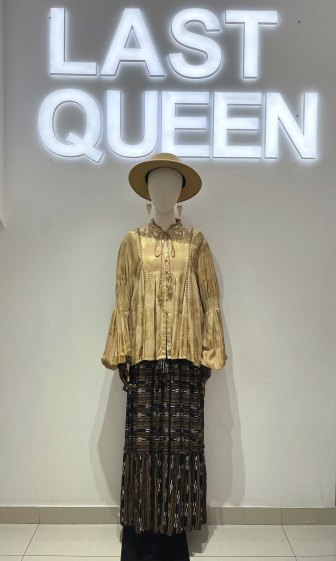 Großhändler Last Queen - Hemd mit Goldeffekt-Print, Riemen und Laternenärmeln