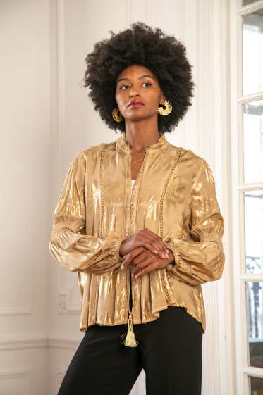 Wholesaler Last Queen - Gold effect print shirt with strap, lantern sleeves