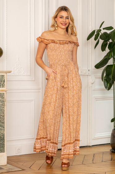 Wholesaler Last Queen - Floral print jumpsuit with bare shoulders, tightening at the waist