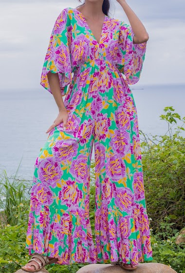 Flowing jumpsuit, V-neck floral print with short sleeves
