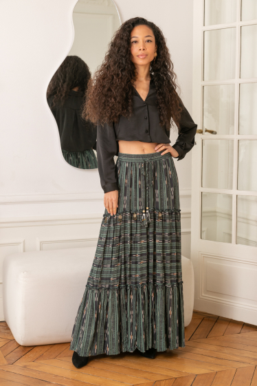 Wholesaler Last Queen - Long skirt printed with LUREX, embroidered with sequins and tightening with cord