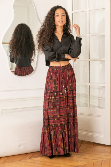 Wholesaler Last Queen - Long skirt printed with LUREX, embroidered with sequins and tightening with cord
