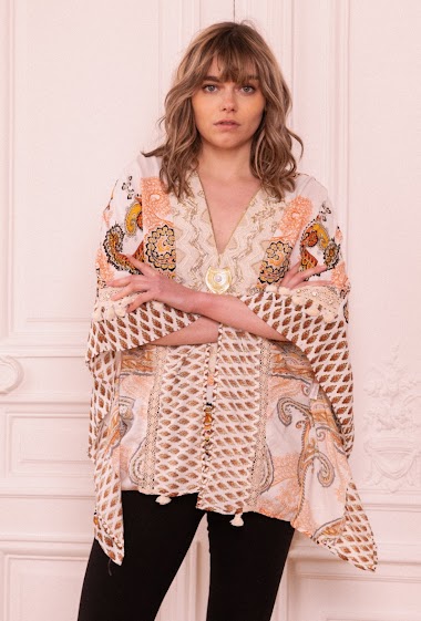 Wholesaler Last Queen - Printed V-neck tunic kaftan with hand embroidery