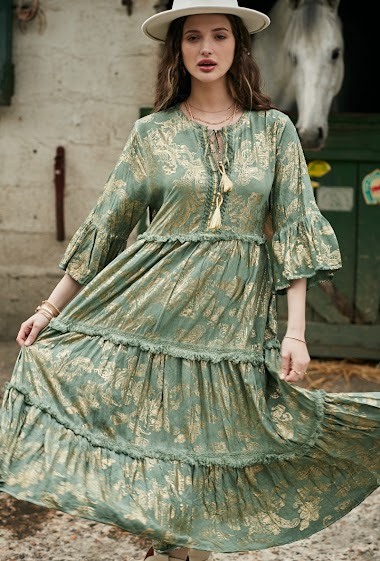 Grossistes Last Queen - Maxi robe è coupe ample,imprimé avec effet dorure, col à lanière