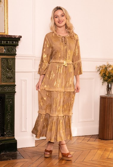 Wholesaler Last Queen - Loose fit maxi dress, printed with gold effect, strappy collar