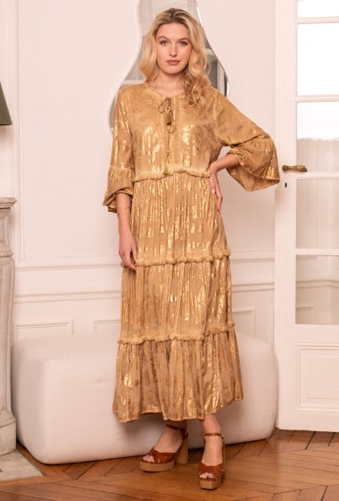 Wholesaler Last Queen - Loose fit maxi dress, printed with gold effect, strappy collar