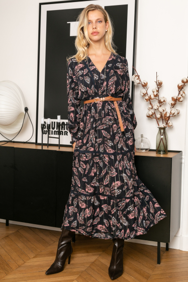 Wholesaler Last Queen - Maxi bohemian print long dress with lace and LUREX buttoned in front