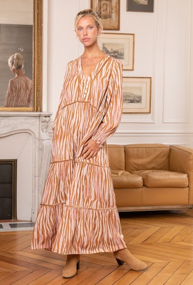 Grossiste Last Queen - Maxi robe longue en col V à imprime bohème avec poche invisible