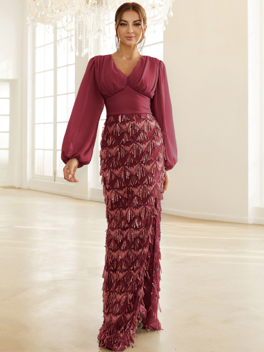 Wholesaler LAST QUEEN COUTURE - Lantern Chiffon Sleeve Split Sequin Fringe Prom Dress