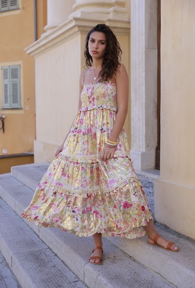 Wholesaler Last Queen - Dress with thin floral straps and ruffles with gold effect
