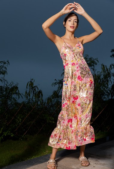 Wholesaler Last Queen - Dress with spaghetti straps floral open back with bow with gilding effect