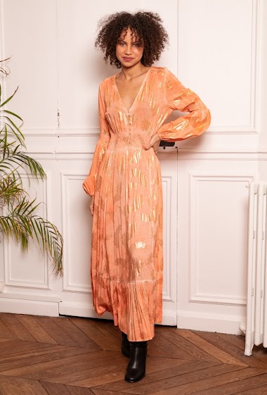 Großhändler Last Queen - Lackfarbenes lockeres Kleid mit Goldeffektdruck, unsichtbare Taschen