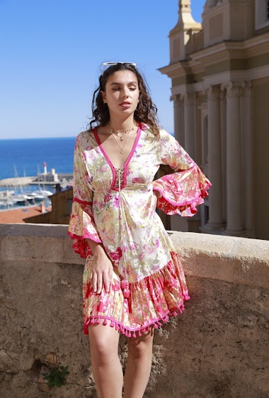 Wholesaler Last Queen - Floral print dress with ruffled sleeves, fringed bow with gold effect