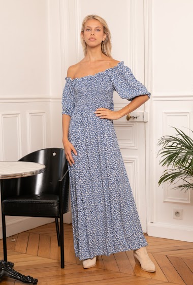 Dress with printed puff sleeves bare shoulder, invisible pockets
