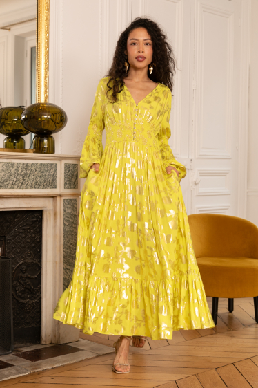 Mayorista Last Queen - Vestido holgado color barniz con estampado efecto dorado, bolsillos invisibles